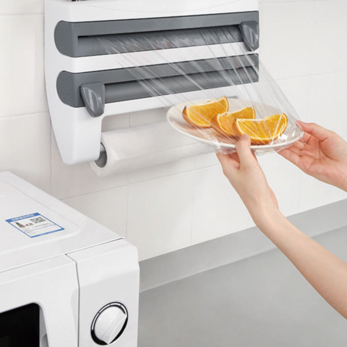 Suport rola prosop hartie pentru bucatarie, culoare bej+alb, aparat folie alimentara, dispenser triplu de bucatarie pentru rola de hartie [2]