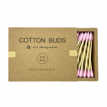 Betisoare urechi - 200 Betisoare ecologice pentru urechi, din bambus si bumbac, betisoare urechi eco friendly, roz