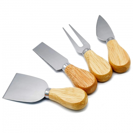 Ustensile din inox - Set 4 cutite branzeturi, cutite pentru cascaval, spatule pentru branzeturi, cutite cu maner din lemn