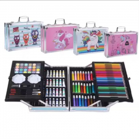 Rechizite Scolare - Set cu 145 de piese pentru pictura, pentru copii sau adulti, pixuri de colorat, creioane colorate si vopsele de pictura, geanta de transport