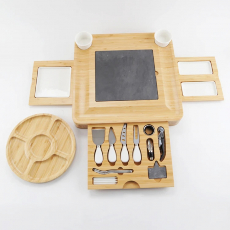 Servire aperitive - Platou pentru branzeturi, set tocator din lemn si placa ceramica