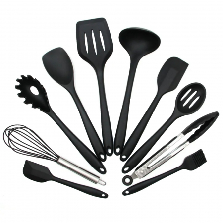 Set 10 ustensile de bucatarie din silicon, set ustensile colorate cu maner din silicon, negru [1]