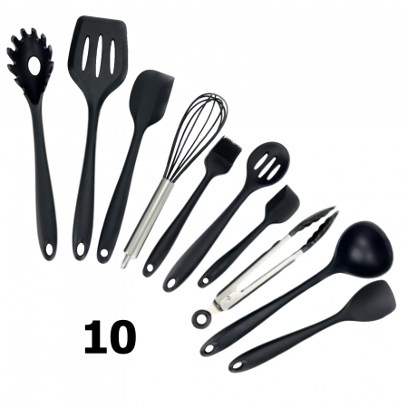 Ustensile din silicon - Set 10 ustensile de bucatarie din silicon, set ustensile colorate cu maner din silicon, negru