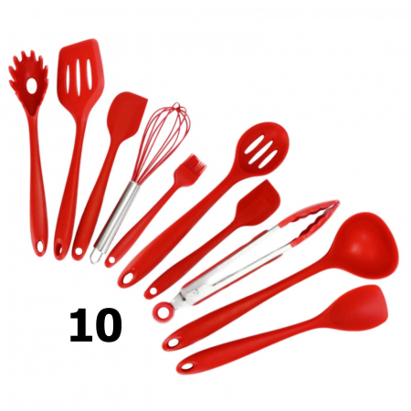 Set 10 ustensile de bucatarie din silicon, set ustensile colorate cu maner din silicon, negru [2]