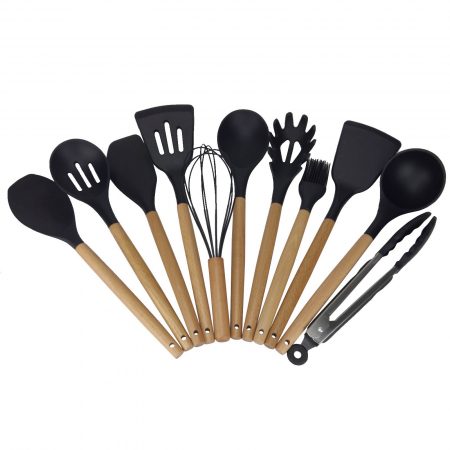 Ustensile din silicon - Set 12 piese, ustensile din silicon + suport, set ustensile colorate cu maner din lemn, negru