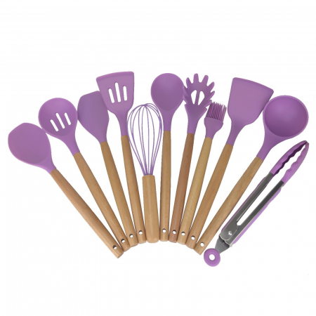 Ustensile din silicon - Set 12 piese, ustensile din silicon + suport, set ustensile colorate cu maner din lemn, violet