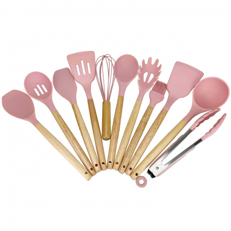 Ustensile din silicon - Set 12 piese, ustensile din silicon + suport, set ustensile colorate cu maner din lemn, roz