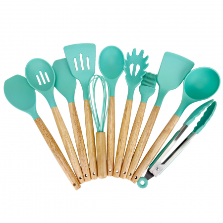 Ustensile din silicon - Set 12 piese, ustensile din silicon + suport, set ustensile colorate cu maner din lemn, verde