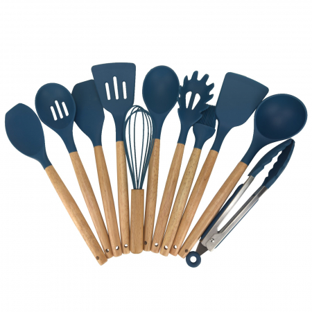 Ustensile din silicon - Set 12 piese, ustensile din silicon + suport, set ustensile colorate cu maner din lemn, albastru prusia