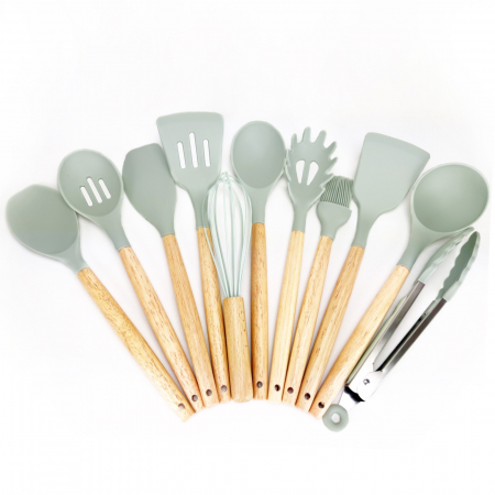 Ustensile din silicon - Set 12 piese, ustensile din silicon + suport, set ustensile colorate cu maner din lemn, gri-verde deschis