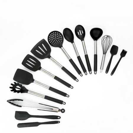 Ustensile din silicon - Set 14 ustensile de gatit, din silicon si inox, negru
