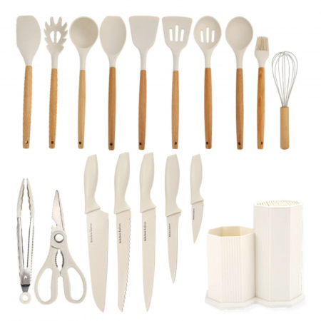 Ustensile din silicon - Set 18 ustensile de gatit, din silicon si inox, cu maner rezistent din lemn, suport si tocator, crem