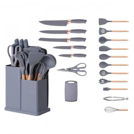Ustensile din silicon - Set 19 ustensile de gatit, din silicon si inox, cu maner rezistent din lemn, suport si tocator, GRI