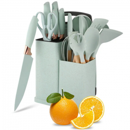 Ustensile din inox - Set 19 ustensile de gatit, din silicon si inox, cu maner rezistent din lemn, suport si tocator, verde deschis