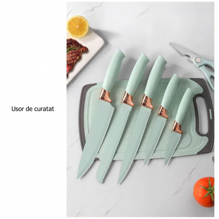 Set 19 ustensile de gatit, din silicon si inox, cu maner rezistent din lemn, suport si tocator, verde deschis [2]