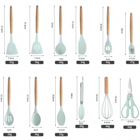 Set 19 ustensile de gatit, din silicon si inox, cu maner rezistent din lemn, suport si tocator, verde deschis [1]