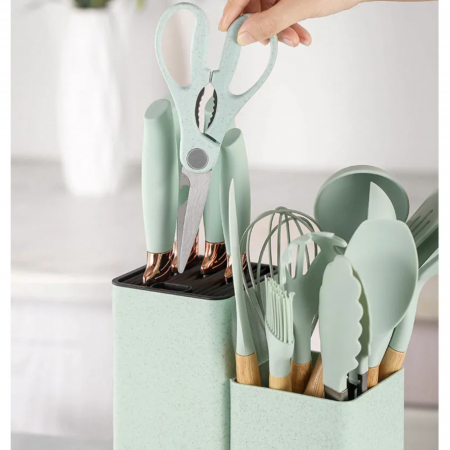 Set 19 ustensile de gatit, din silicon si inox, cu maner rezistent din lemn, suport si tocator, verde deschis [3]