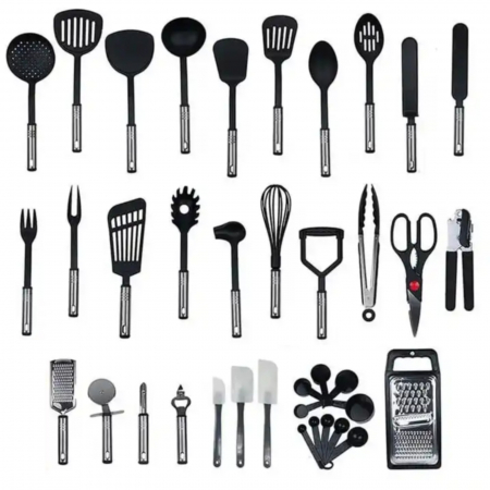 Ustensile din silicon - Set 38 ustensile de gatit, inox, negru