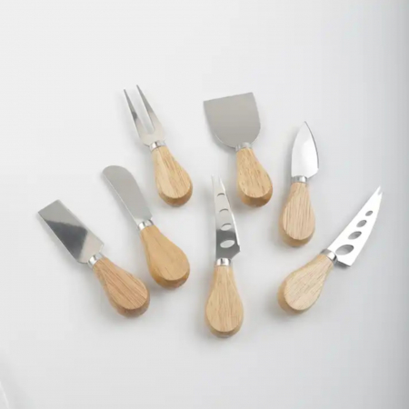 Ustensile din inox - Set 7 cutite branzeturi, cutite pentru cascaval, spatule pentru branzeturi, cutite cu maner din lemn