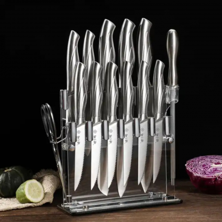 Set cutite din inox, 14 piese in set, 11 cutite, 1 foarfeca, 1 masat diamant, 1 suport acrilic [1]