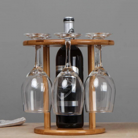 Accesorii bucatarie - Suport din lemn pentru o sticla si 6 pahare de vin