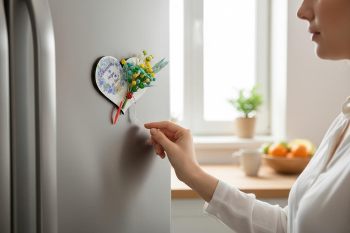 Mărțișor inima cu magnet, cu flori bleu-galben naturale uscate si mesaj personalizabil [2]