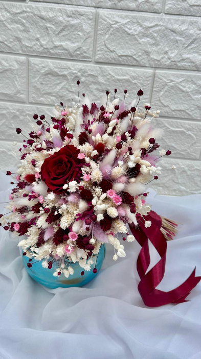 Buchet flori naturale uscate și trandafir criogenat grena, personalizabil, ideal pentru cununie civilă, nuntă, mireasă sau cadou [3]