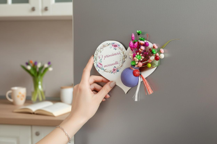 Martisor " O primavara frumoasa"  inima personalizabila, cu mini vaza mov, flori naturale uscate, multicolor, prindere tip magnet [2]