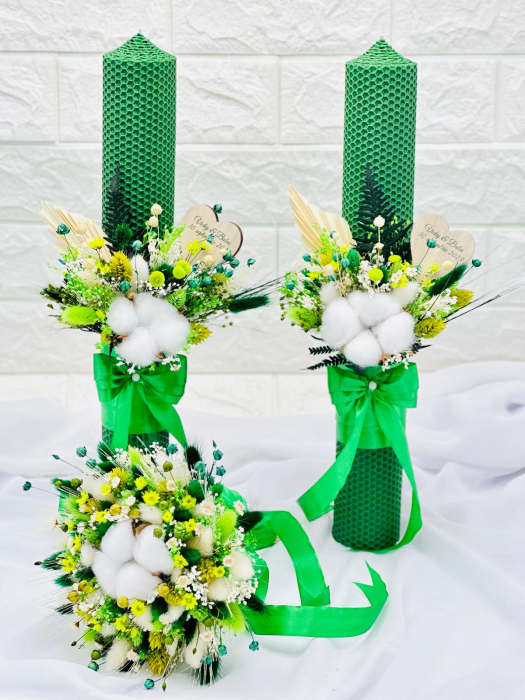 Set Lumanari si buchet pentru nunta, alb-verde, personalizabile cu nume si data, Plante Uscate ,Bumbac, Aranjament Frontal - Eventissimi® [3]