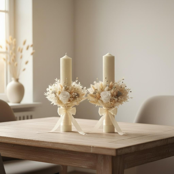 Set nunta lumanari cununie tip fagure si buchet mireasa cu trandafiri criogenati – decor floral premium personalizat [5]