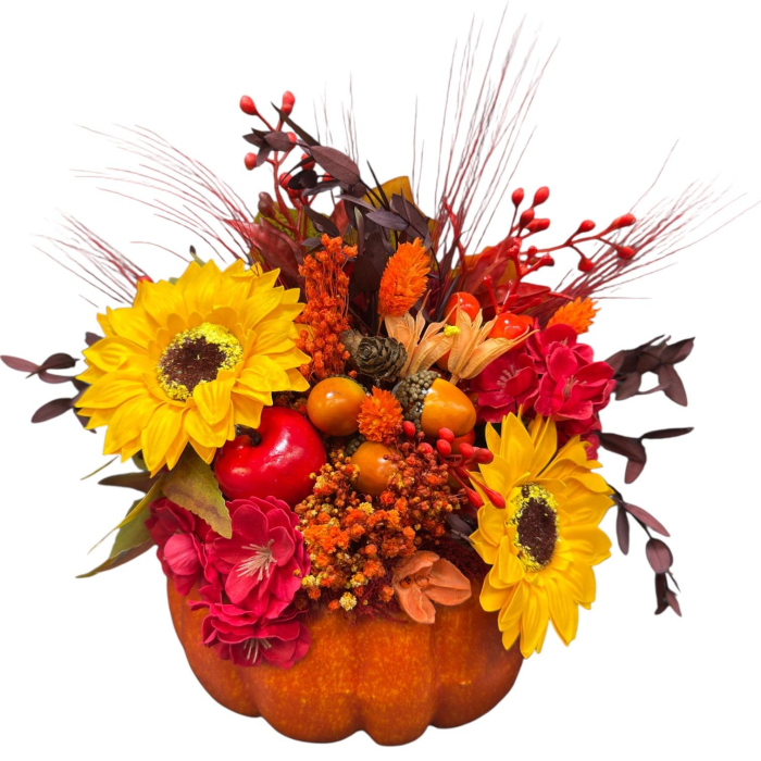 Aranjament floral de toamnă sau Halloween , în dovleac – decor handmade cu flori artificiale și naturale uscate [1]