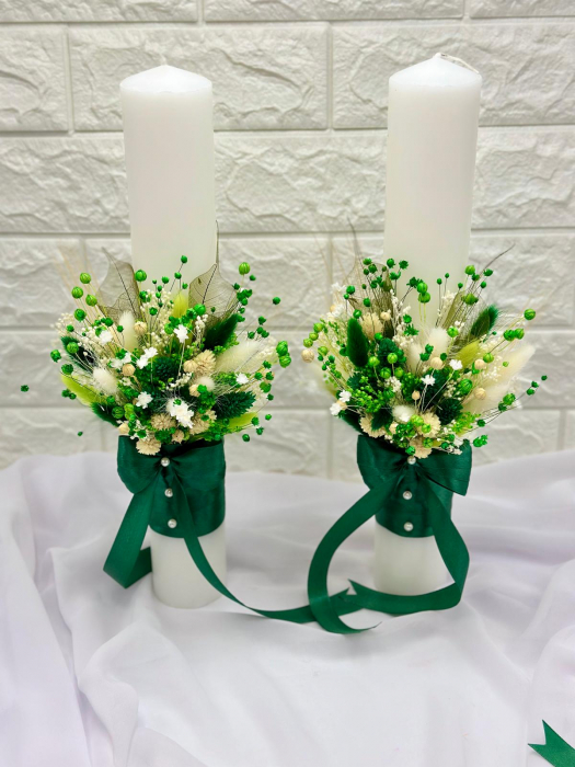 Set Lumanari  si buchet pentru nunta, alb-verde, personalizabile cu nume si data, Plante Uscate , Aranjament Frontal [3]