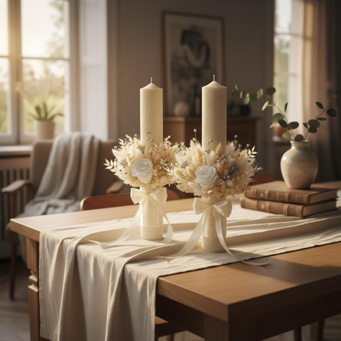 Set nunta lumanari cununie tip fagure si buchet mireasa cu trandafiri criogenati – decor floral premium personalizat [3]