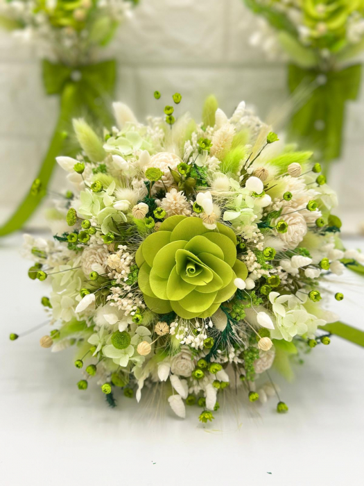Set pentru nunta cu buchet si lumanari din parafina , cu  plante naturale uscate  - alb-verde [3]