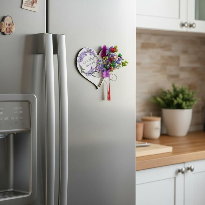 Mărțișor inima cu magnet, cu flori mov naturale uscate si mesaj personalizabil [2]