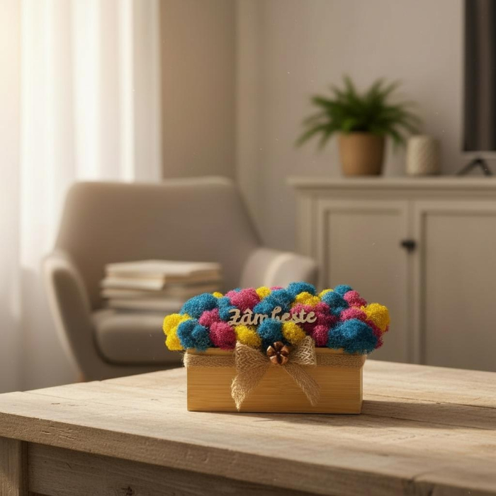 Aranjament decorativ cu licheni si mesaj motivational, tip jardiniera , personalizabil cromatic, in cutie de lemn ,cu licheni stabilizati [2]