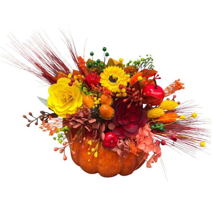 Aranjament floral de toamnă sau Halloween , în dovleac – decor handmade cu flori artificiale și naturale uscate [1]