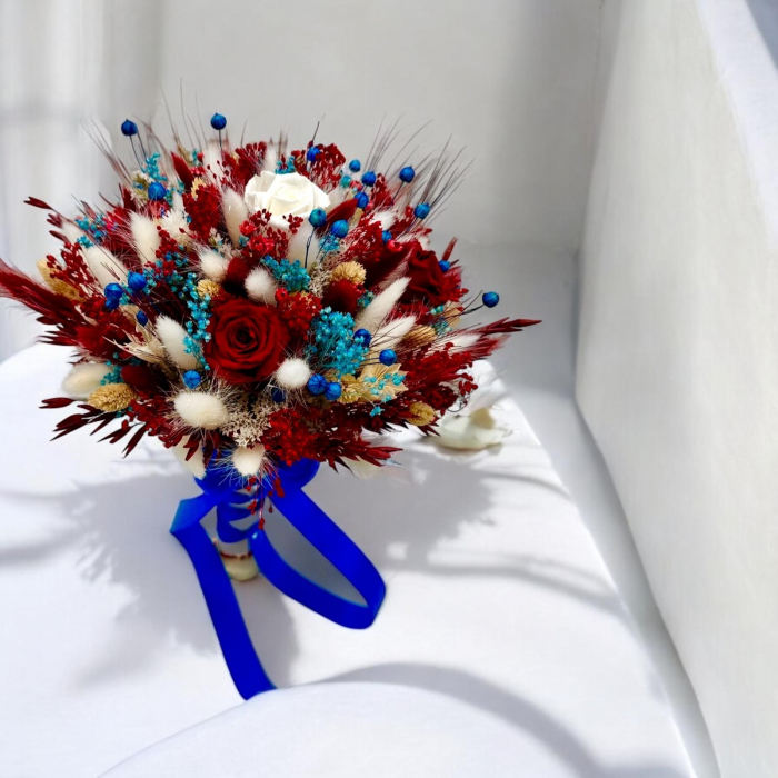 Buchet nasa sau mireasa, elegant cu trandafiri criogenați și plante naturale uscate - Culori vibrante, durabilitate excepțională [5]
