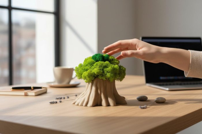 Decoratiune cu licheni stabilizati in vas tip buturuga printat 3D – decor natural modern pentru birou si casa [2]