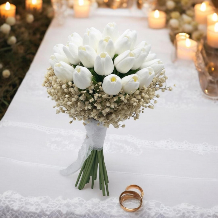 Buchet lalele albe , real touch si Gypsophilia- Floarea miresei, criogenata, rezistent peste ani [4]