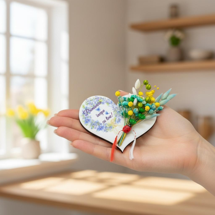 Mărțișor inima cu magnet, cu flori bleu-galben naturale uscate si mesaj personalizabil [3]