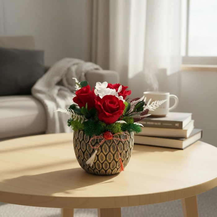 Aranjament floral cu 3 trandafiri criogenati si licheni naturali stabilizati in ghiveci decorativ premium – cadou elegant, decor casa sau birou, flori naturale care rezista ani de zile [3]