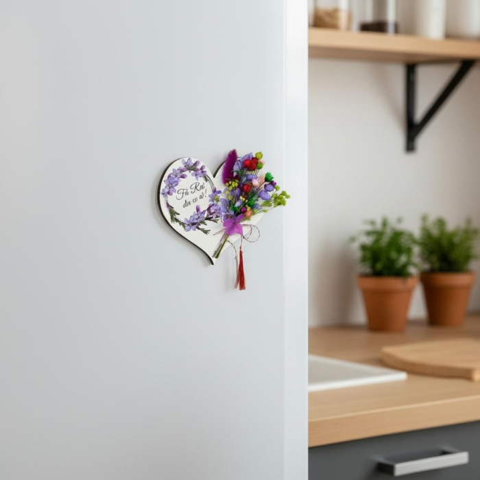 Mărțișor inima cu magnet, cu flori mov naturale uscate si mesaj personalizabil [3]
