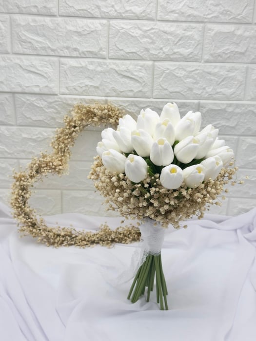 Buchet lalele albe , real touch si Gypsophilia- Floarea miresei, criogenata, rezistent peste ani [3]