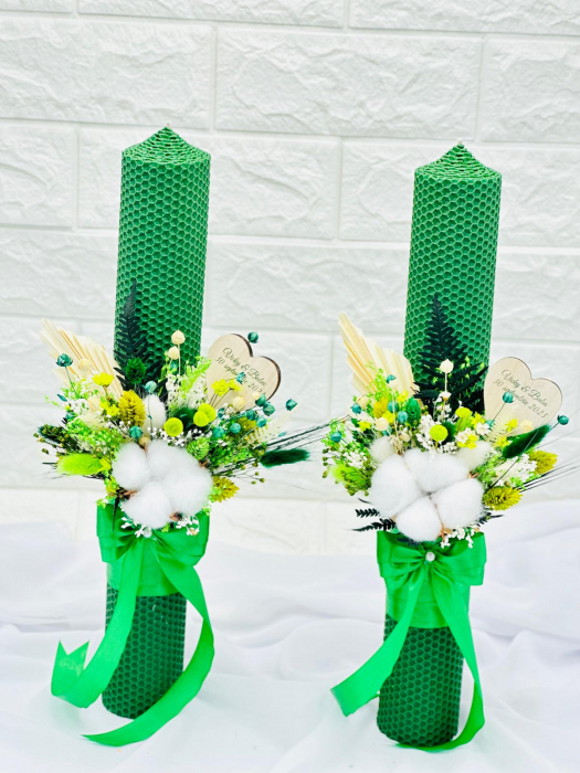 Set Lumanari si buchet pentru nunta, alb-verde, personalizabile cu nume si data, Plante Uscate ,Bumbac, Aranjament Frontal - Eventissimi® [2]