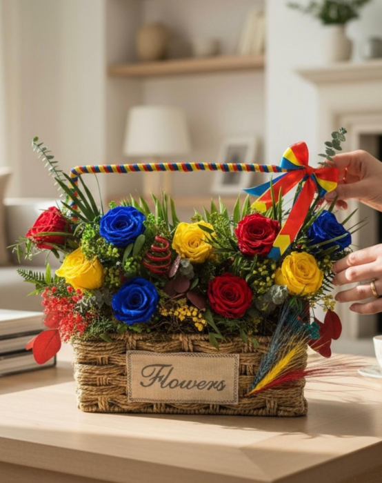 Aranjament floral tricolor cu trandafiri criogenați și plante stabilizate – decor patriotic 1 Decembrie - Eventissimi [3]