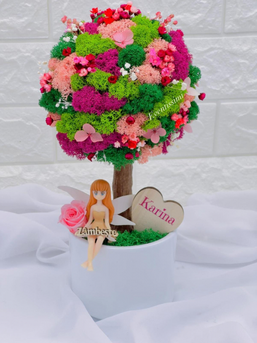 Copacel Decorativ cu Licheni Premium și Flori Criogenate, Figurina, Trunchi Printat 3D, În Ghiveci ceramic [2]