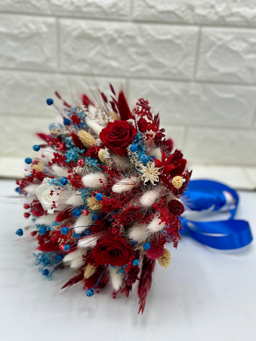 Buchet nasa sau mireasa, elegant cu trandafiri criogenați și plante naturale uscate - Culori vibrante, durabilitate excepțională [3]