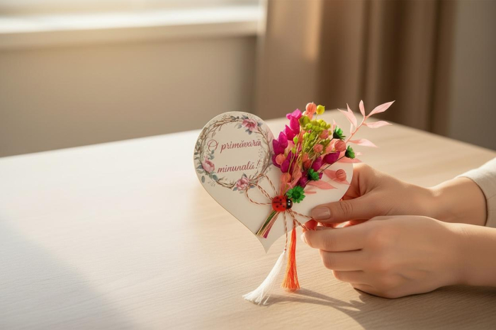 Mărțișor inima cu magnet, cu flori roz naturale uscate si mesaj personalizabil [3]