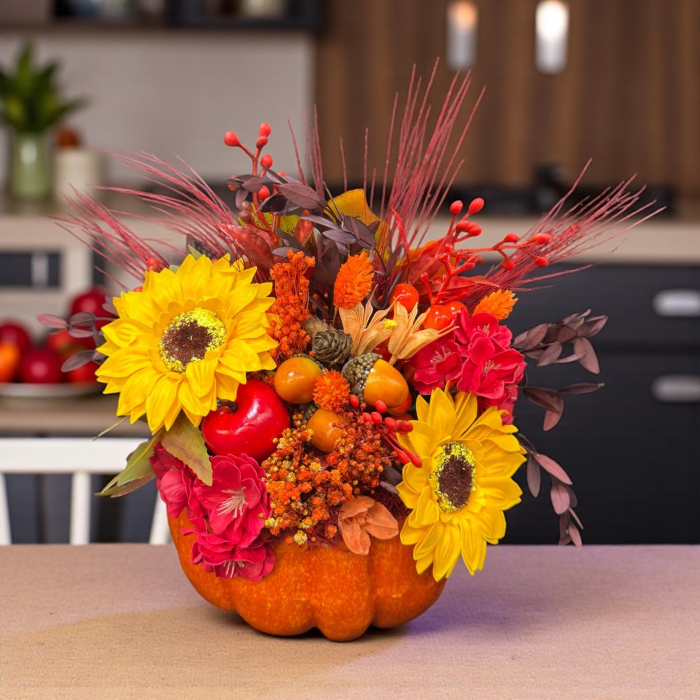 Aranjament floral de toamnă sau Halloween , în dovleac – decor handmade cu flori artificiale și naturale uscate [3]